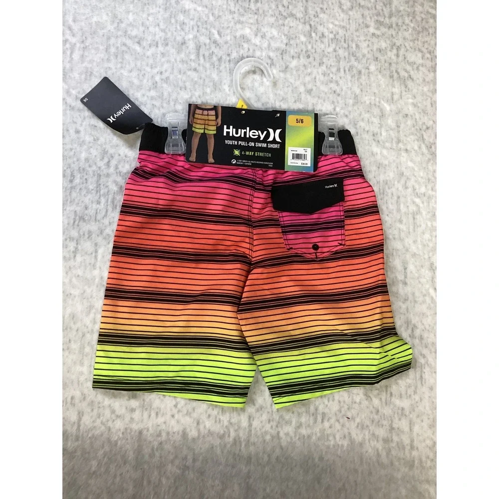 Hurley Youth Boys Pull-On‎ Swim Shorts Pink Orange Green Striped 5/6 985888-E69